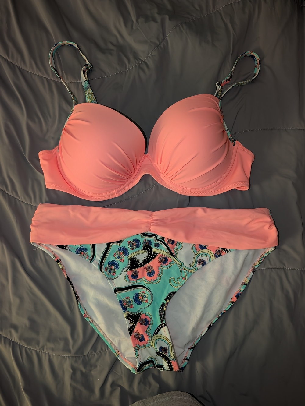 Women's Pink Paisley Fold-Over Bikini Set In L, Light Coral And Teal